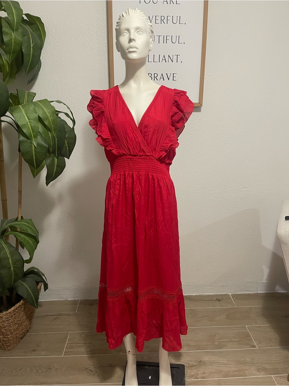 Red Ruffle-Sleeve Midi Dress with Smocked Waist